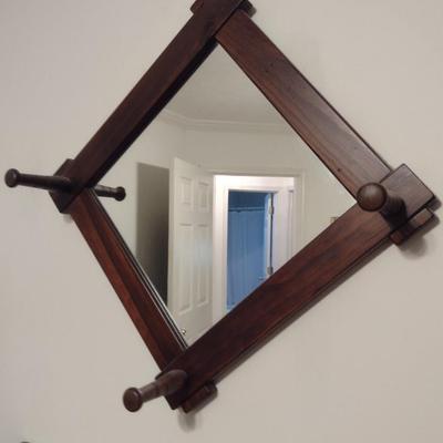 Wood Framed Wall Mirror with Peg Hooks