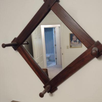 Wood Framed Wall Mirror with Peg Hooks