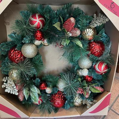 30” Pre-Lit Christmas Wreath with 50 LED Lights – Red & Gold Ornaments