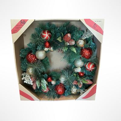 30” Pre-Lit Christmas Wreath with 50 LED Lights – Red & Gold Ornaments