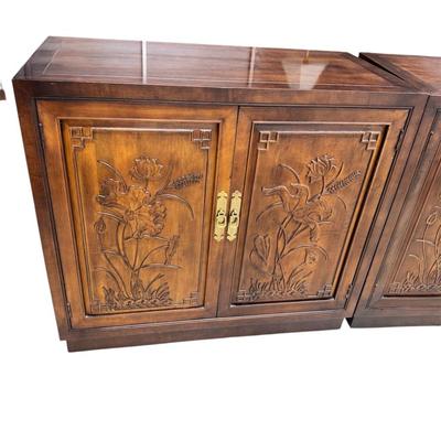 3 Henredon Folio 16 Asian Chinoiserie Floral Carved Oriental Server Cabinet