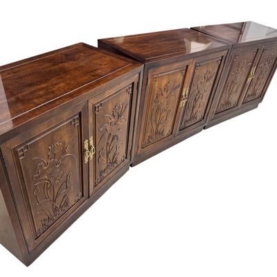3 Henredon Folio 16 Asian Chinoiserie Floral Carved Oriental Server Cabinet