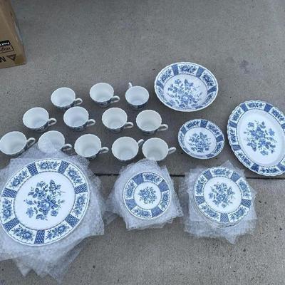 Sale Photo Thumbnail #497: Franciscan "Melody" Dinnerware Set (57 pieces total). 14 place settings including dinner plate, side plate, cup and saucer. Missing 2 cups, 12 total. Also includes 1 platter, 1 serving bowl, and 1 small bowl. A few small chips here and there, but mostly i