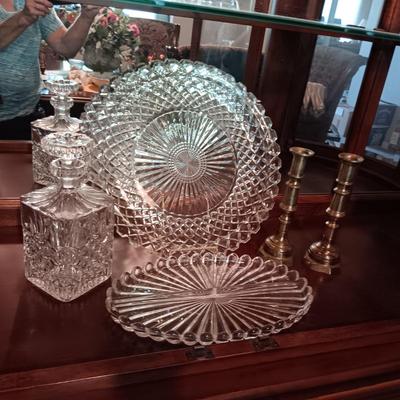 CRYSTAL AND GLASS SERVING PIECES PLUS BRASS CANDLESTICKS