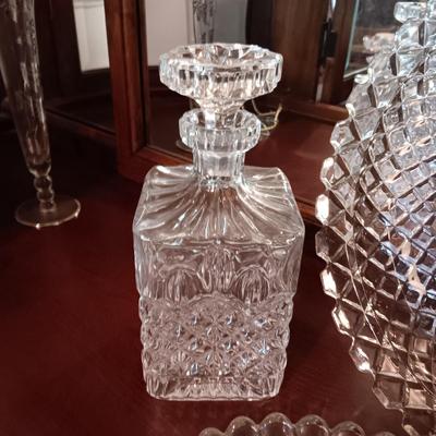 CRYSTAL AND GLASS SERVING PIECES PLUS BRASS CANDLESTICKS