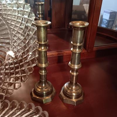 CRYSTAL AND GLASS SERVING PIECES PLUS BRASS CANDLESTICKS