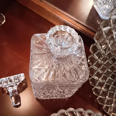 CRYSTAL AND GLASS SERVING PIECES PLUS BRASS CANDLESTICKS
