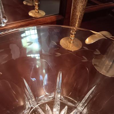 BRASS CANDLE HOLDERS FROM SWEDEN, 2 GOLD VASES, ETCHED BOWL AND PLATTER