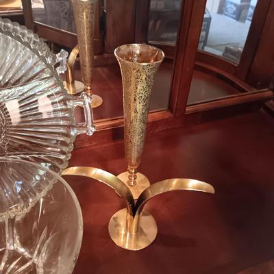 BRASS CANDLE HOLDERS FROM SWEDEN, 2 GOLD VASES, ETCHED BOWL AND PLATTER