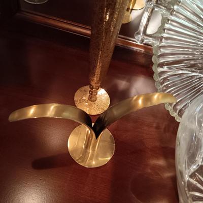 BRASS CANDLE HOLDERS FROM SWEDEN, 2 GOLD VASES, ETCHED BOWL AND PLATTER