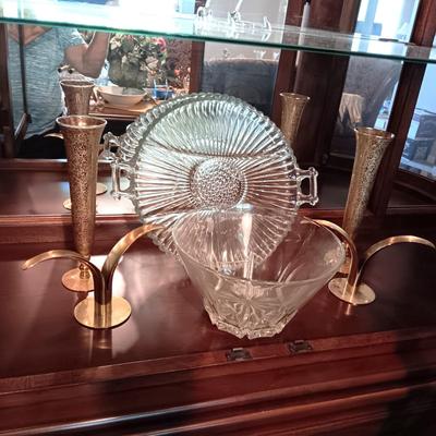 BRASS CANDLE HOLDERS FROM SWEDEN, 2 GOLD VASES, ETCHED BOWL AND PLATTER