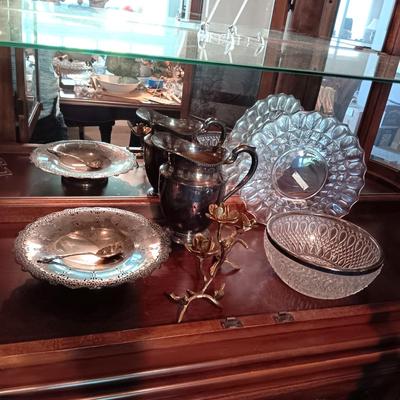 SILVER PLATED PITCHER AND SERVING BOWL, BRASS BIRD CANDLESTICKS AND MORE