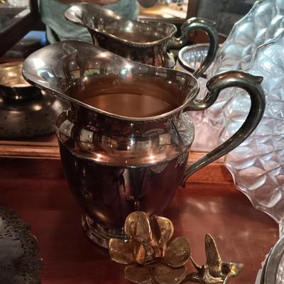SILVER PLATED PITCHER AND SERVING BOWL, BRASS BIRD CANDLESTICKS AND MORE