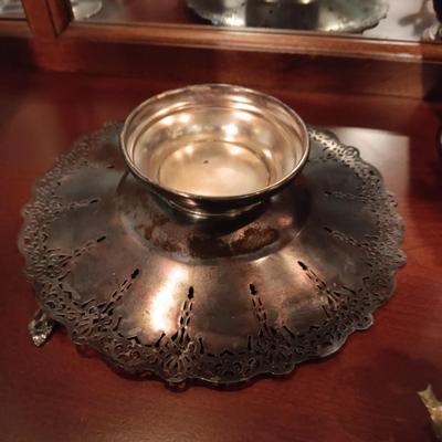 SILVER PLATED PITCHER AND SERVING BOWL, BRASS BIRD CANDLESTICKS AND MORE