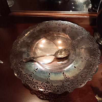 SILVER PLATED PITCHER AND SERVING BOWL, BRASS BIRD CANDLESTICKS AND MORE