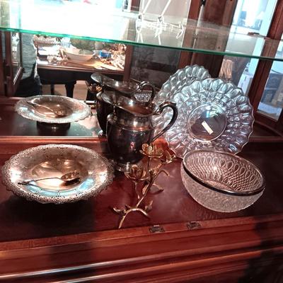SILVER PLATED PITCHER AND SERVING BOWL, BRASS BIRD CANDLESTICKS AND MORE