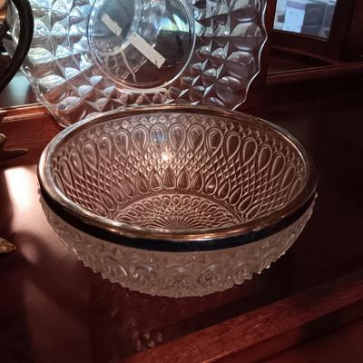 SILVER PLATED PITCHER AND SERVING BOWL, BRASS BIRD CANDLESTICKS AND MORE