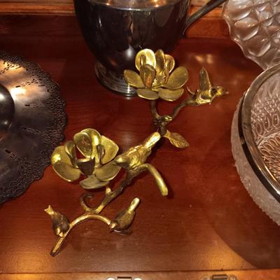 SILVER PLATED PITCHER AND SERVING BOWL, BRASS BIRD CANDLESTICKS AND MORE
