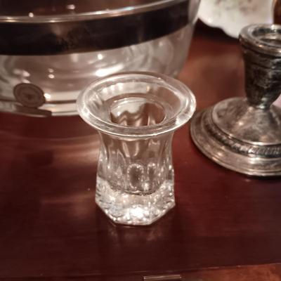 WEIGHTED STERLING CANDLE HOLDERS, DOROTHY C THORPE STERLING ON CRYSTAL BOWL AND MORE