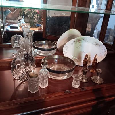 WEIGHTED STERLING CANDLE HOLDERS, DOROTHY C THORPE STERLING ON CRYSTAL BOWL AND MORE