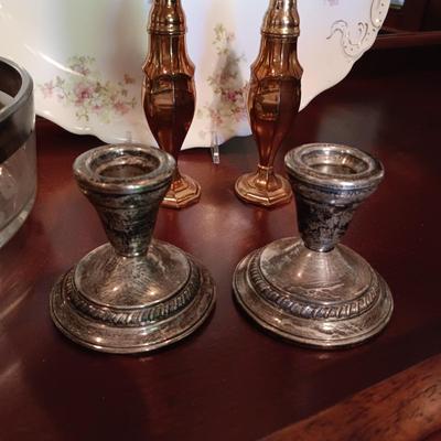 WEIGHTED STERLING CANDLE HOLDERS, DOROTHY C THORPE STERLING ON CRYSTAL BOWL AND MORE