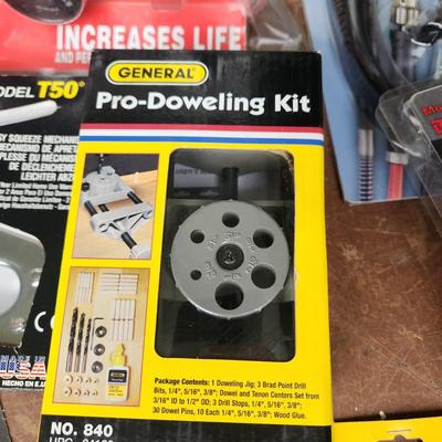 Box lot of New Tools in original package Dowrling Kit, Battery testers , Arrow T50 Stapler Black And Decker Drill Bits Hex Crimping tool