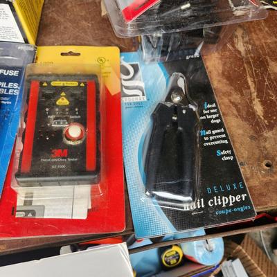 Box lot of New Tools in original package Dowrling Kit, Battery testers , Arrow T50 Stapler Black And Decker Drill Bits Hex Crimping tool