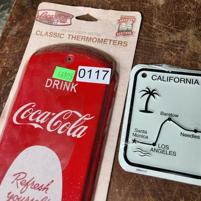Lot of 3 Signs Gates, Coca-Cola Thermometer, Route 66