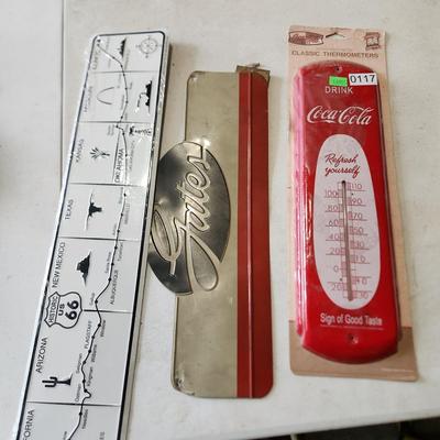 Lot of 3 Signs Gates, Coca-Cola Thermometer, Route 66