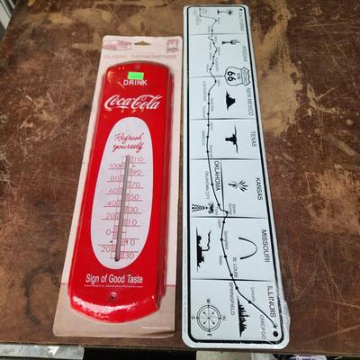 Lot of 3 Signs Gates, Coca-Cola Thermometer, Route 66