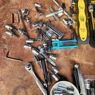 Misc. Lot with Bag Gerber Multi Tool w pouch , Sheffield Tool w pouch, Impulse Sealer, Grease Joint Cleaner, Dewalt, Sockets, Drivers,...