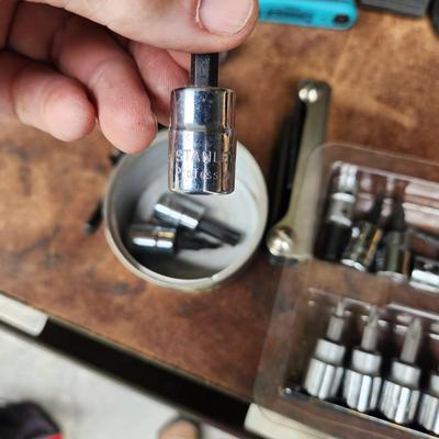 Misc. Lot with Bag Gerber Multi Tool w pouch , Sheffield Tool w pouch, Impulse Sealer, Grease Joint Cleaner, Dewalt, Sockets, Drivers,...