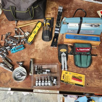 Misc. Lot with Bag Gerber Multi Tool w pouch , Sheffield Tool w pouch, Impulse Sealer, Grease Joint Cleaner, Dewalt, Sockets, Drivers,...