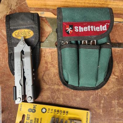 Misc. Lot with Bag Gerber Multi Tool w pouch , Sheffield Tool w pouch, Impulse Sealer, Grease Joint Cleaner, Dewalt, Sockets, Drivers,...
