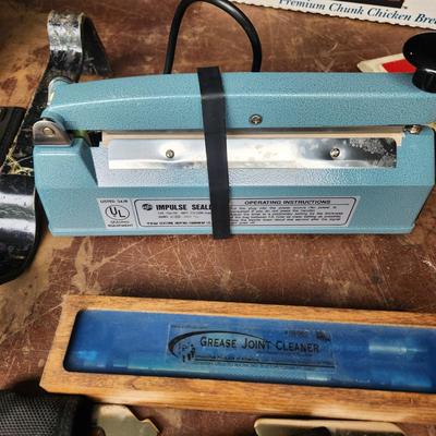 Misc. Lot with Bag Gerber Multi Tool w pouch , Sheffield Tool w pouch, Impulse Sealer, Grease Joint Cleaner, Dewalt, Sockets, Drivers,...