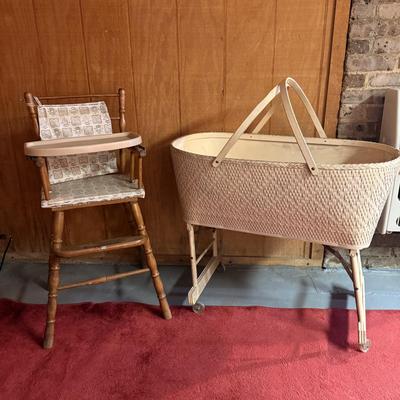 LOT 165B: Vintage Thayer High Chair & Hawkeye Quality Baskenette by Burlington Basket Company