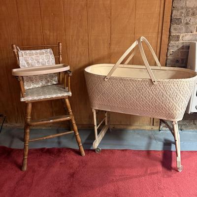 LOT 165B: Vintage Thayer High Chair & Hawkeye Quality Baskenette by Burlington Basket Company
