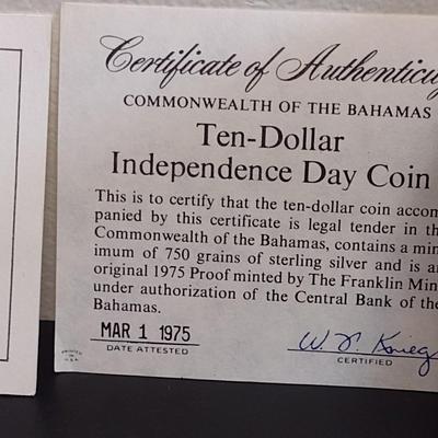 1975 Commonwealth of the Bahamas $10 Sterling Silver Proof Coin 10 July 1973 Independance 49 grams (#12)