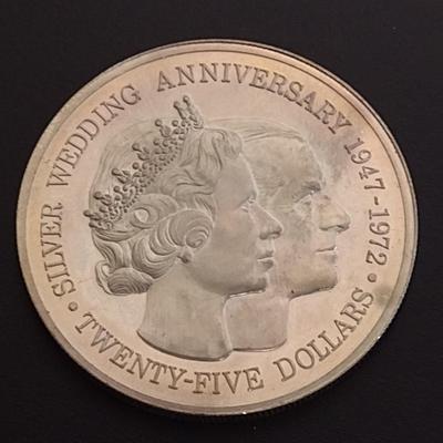 1972 Elizabeth II Cayman Islands $25 Sterling Silver Circulated Coin Silver Wedding Anniversary 47 grams (#16)