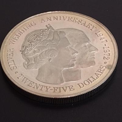 1972 Elizabeth II Cayman Islands $25 Sterling Silver Circulated Coin Silver Wedding Anniversary 47 grams (#16)