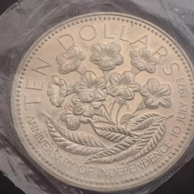 1975 Commonwealth of the Bahamas $10 Sterling Silver Uncirculated Coin 10 July 1973 Independance 49 grams (#22)