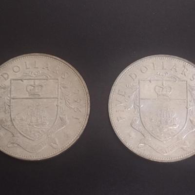 Set of Two 1966 Elizabeth II Bahama Islands $5 Silver Coins Circulated 39 grams Each Coin (#31)