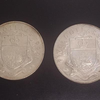 Set of Two 1966 Elizabeth II Bahama Islands $5 Silver Coins Circulated 39 grams Each Coin (#32)