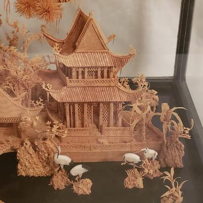 Pagoda Shadow Box W/Pair of Cloisonne Style Ginger Jars (LR-KD)