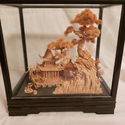 Pagoda Shadow Box W/Pair of Cloisonne Style Ginger Jars (LR-KD)