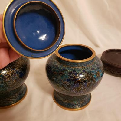 Pagoda Shadow Box W/Pair of Cloisonne Style Ginger Jars (LR-KD)