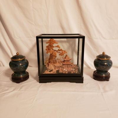 Pagoda Shadow Box W/Pair of Cloisonne Style Ginger Jars (LR-KD)