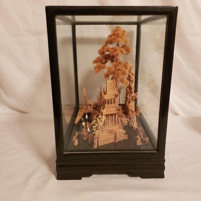 Pagoda Shadow Box W/Pair of Cloisonne Style Ginger Jars (LR-KD)