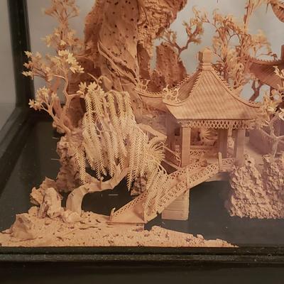 Pagoda Shadow Box W/Pair of Cloisonne Style Ginger Jars (LR-KD)