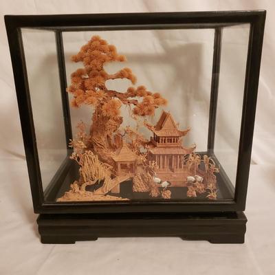 Pagoda Shadow Box W/Pair of Cloisonne Style Ginger Jars (LR-KD)